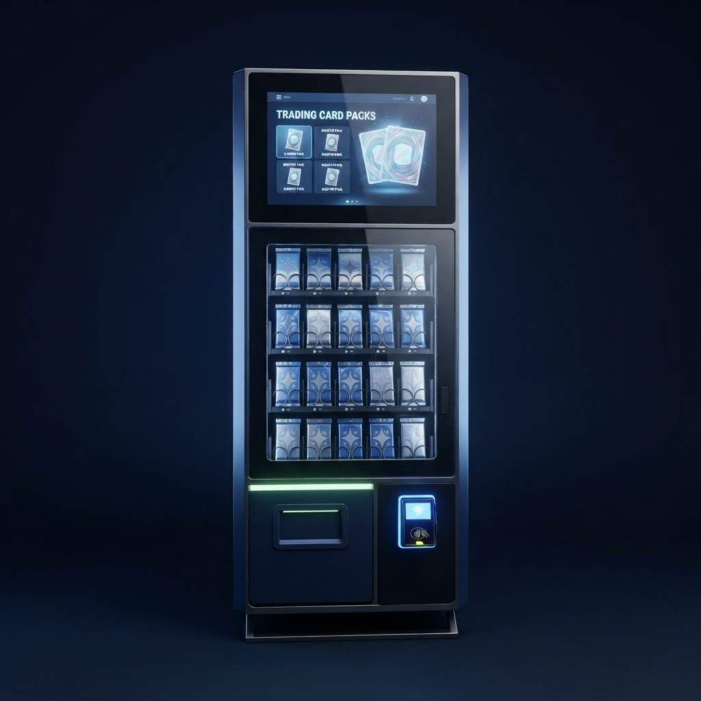 A freestanding collectible trading-card pack vending machine with a digital touchscreen and tap payment reader