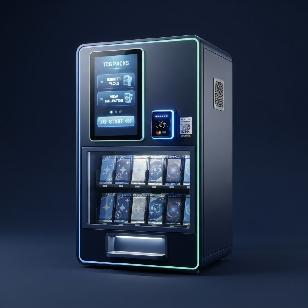 Compact collectible card pack vending machine for countertop or wall-mounted placement