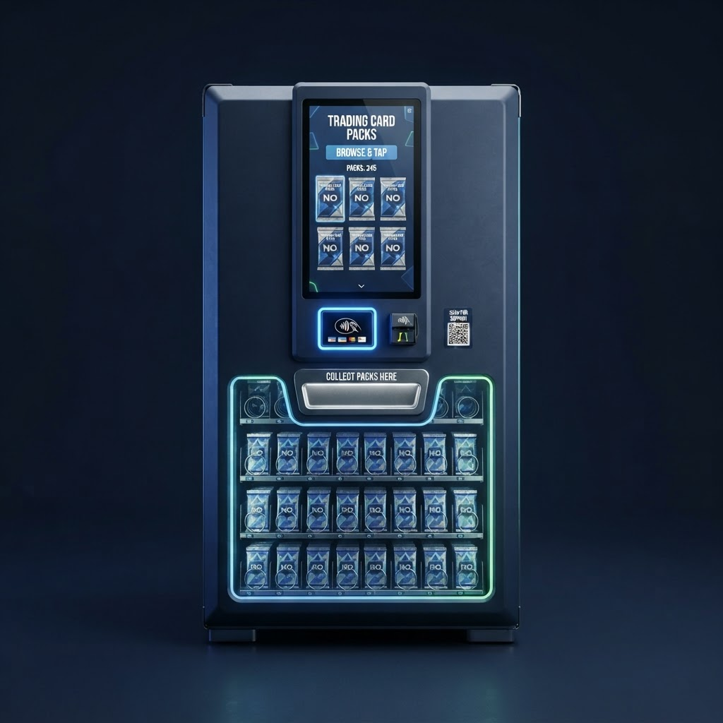 Large high-capacity collectible card pack vending machine for high-traffic venues